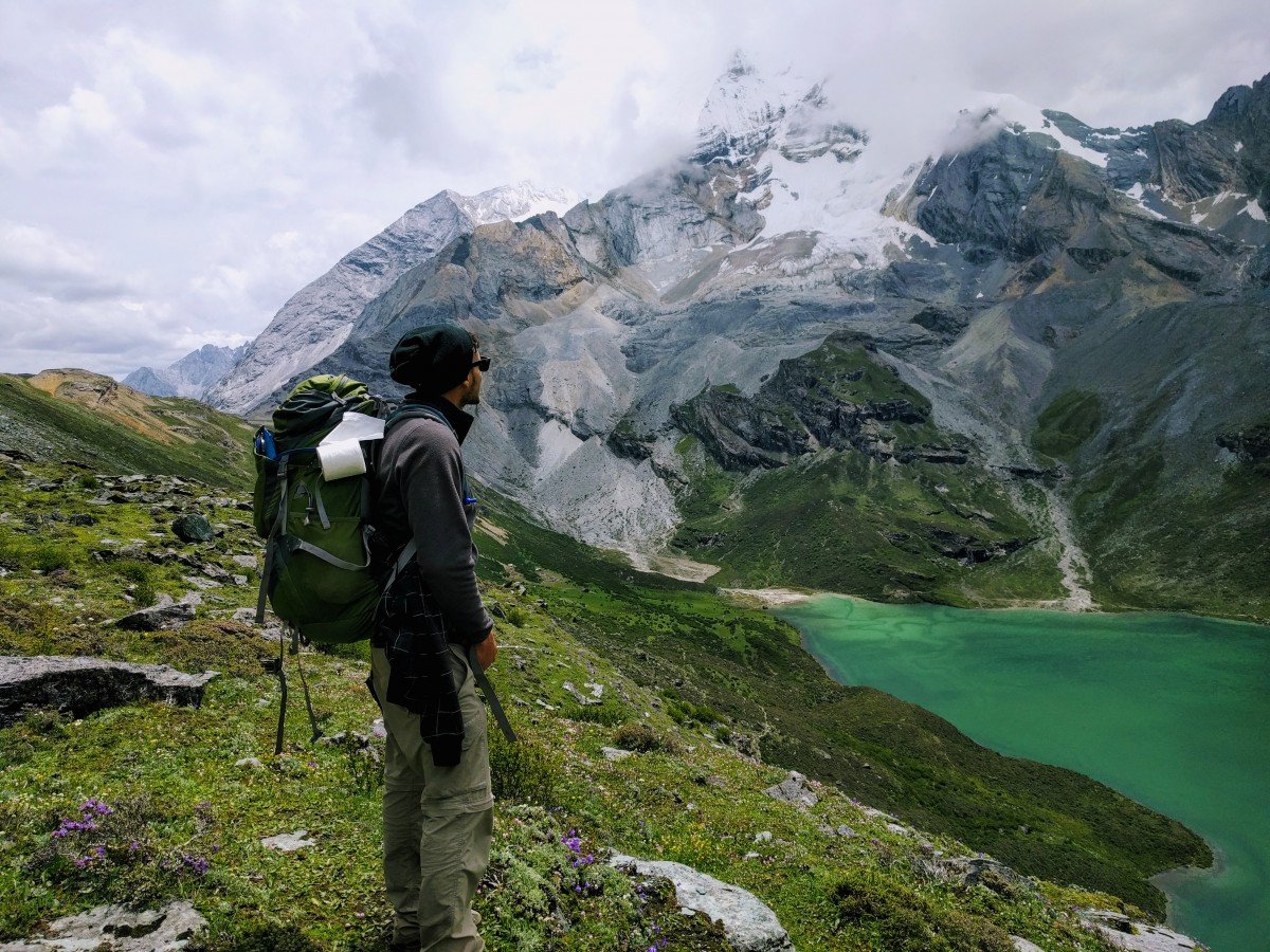 Hiker staring at mountain