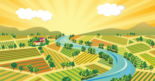 Rendering of river running through agricultural fields