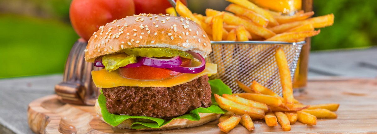 Plant-based burger and basket of fries