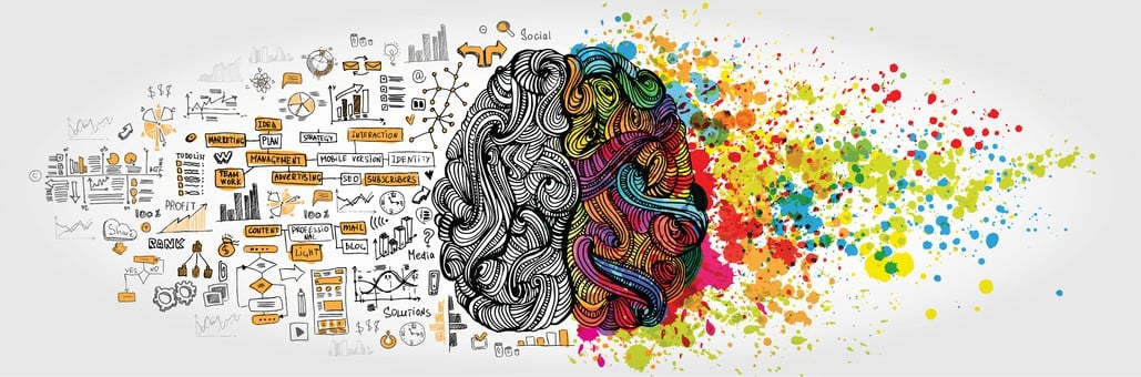 Illustration of brain with multicolored side and black and white side