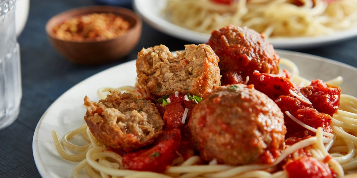 Beyond beef meatballs in spaghetti