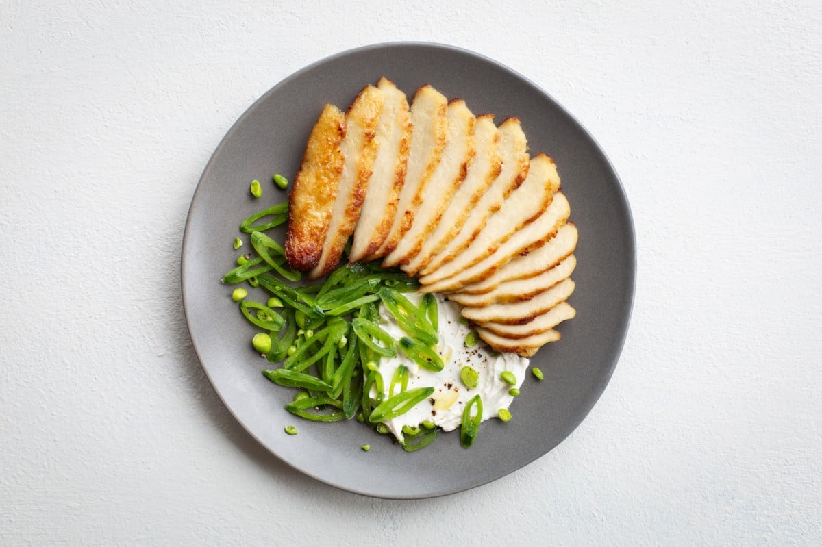 Seared alternative protein and snap peas