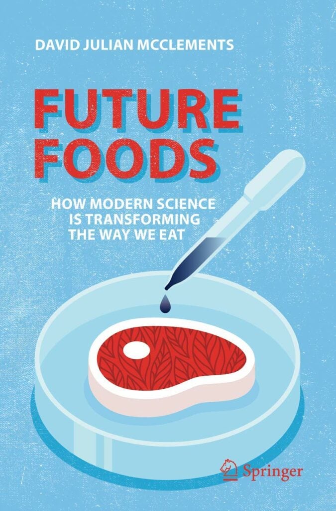 Book cover for future foods, depicting vector graphic of meat on a plate