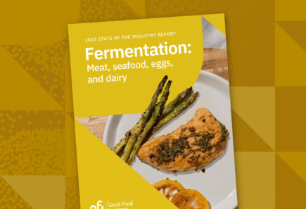 The cover of the 2023 State of the Industry Report on fermentation-enabled meat, seafood, eggs, and dairy produced by the Good Food Institute.