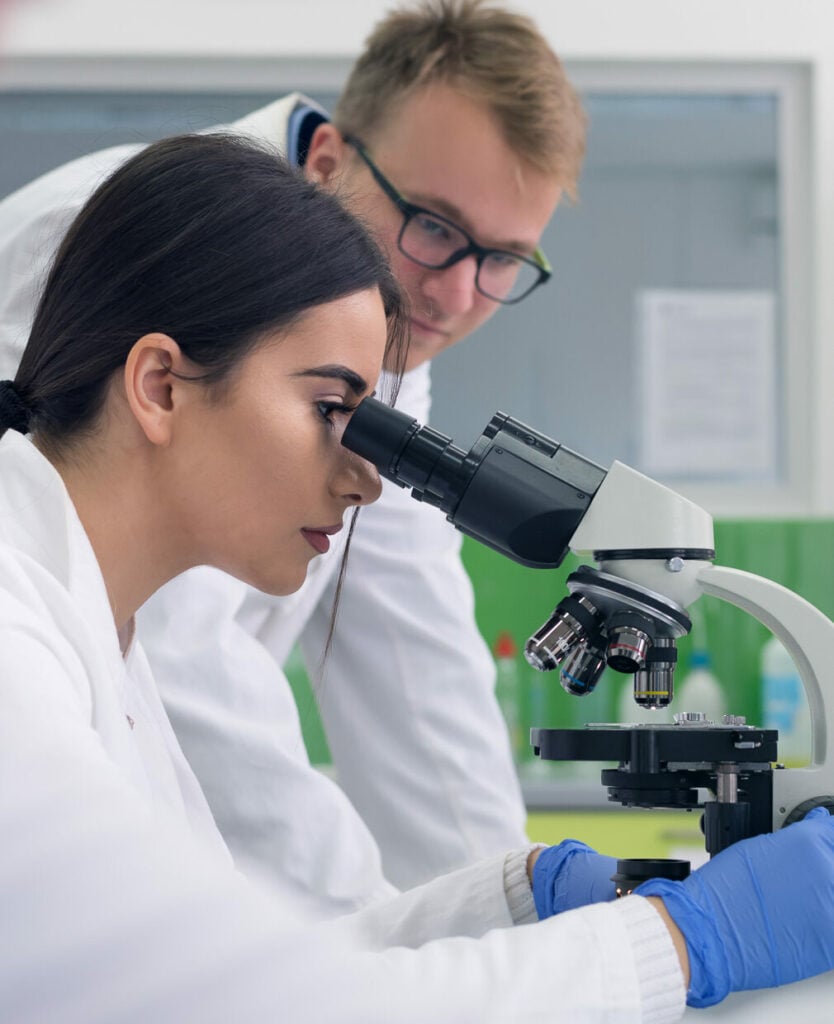 Lab partners looking in microscope