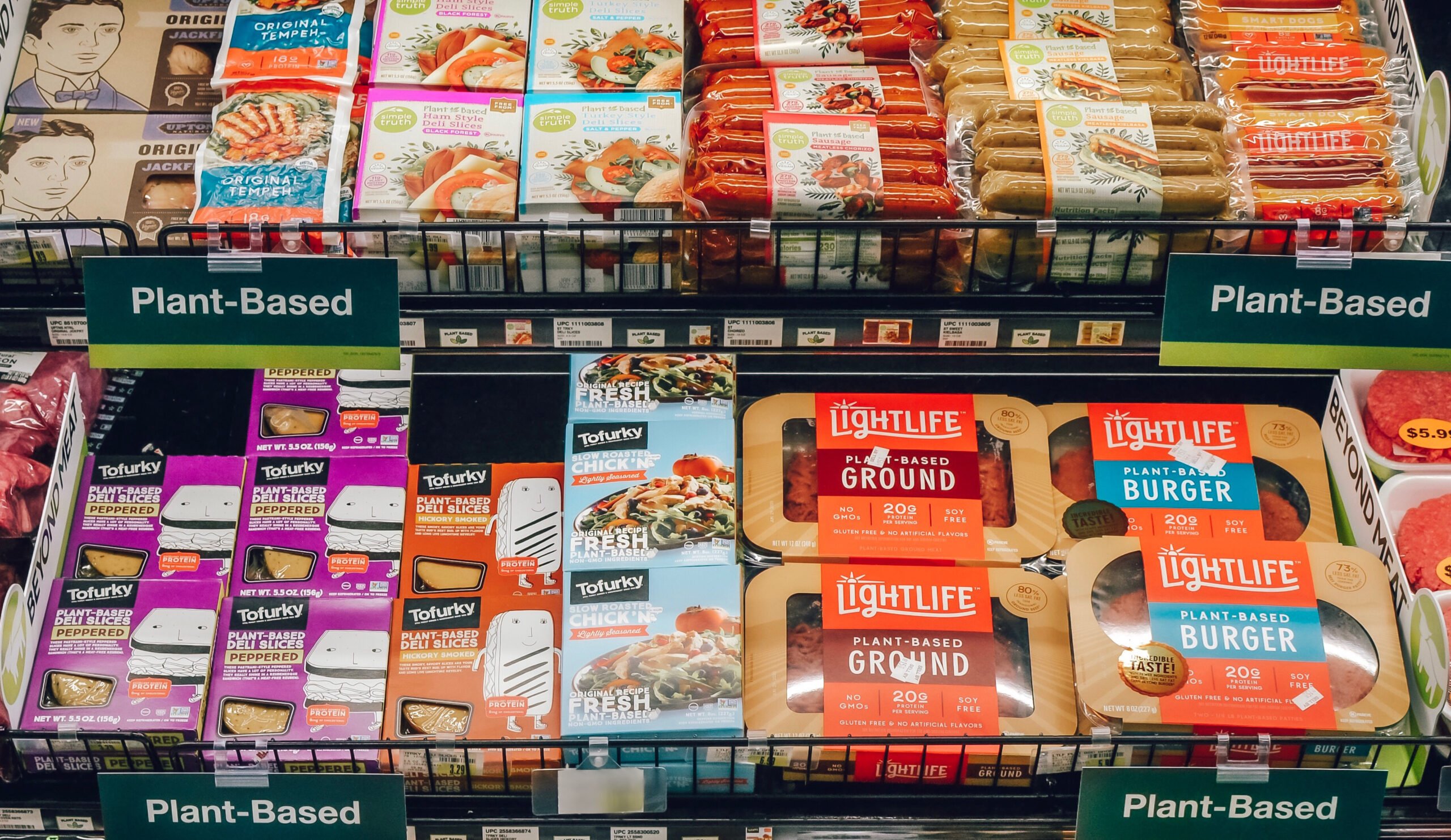 Plant-based meat shelved alongside conventional meat in kroger.