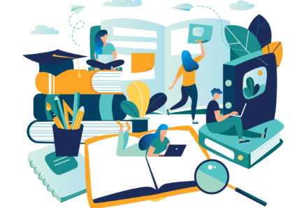 Industry workshops, courses, and training programs 7 Illustration of supplies with workers collaborating in the background