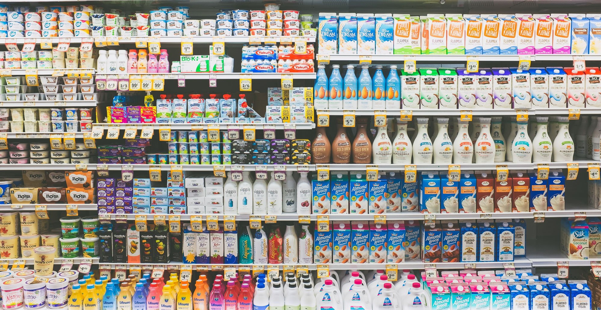 Assorted plant-based and cow-based dairy products in a supermarket display