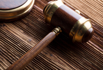 A close up of a gavel on a wooden desk, representing food policy concept