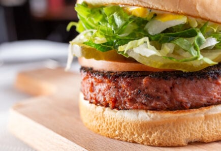 A closeup view of a plated plant-based burger with lettuce, tomatoes, and pickles