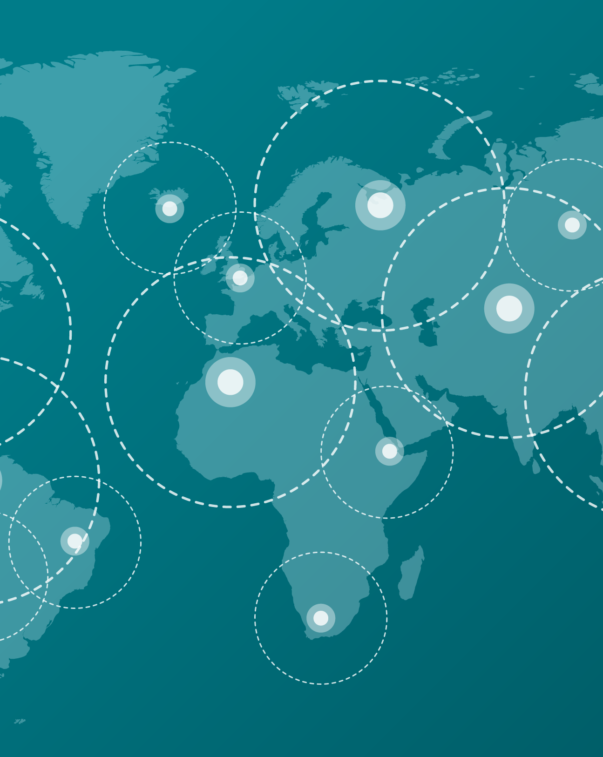 World map graphic with circles representing communication and global collaboration