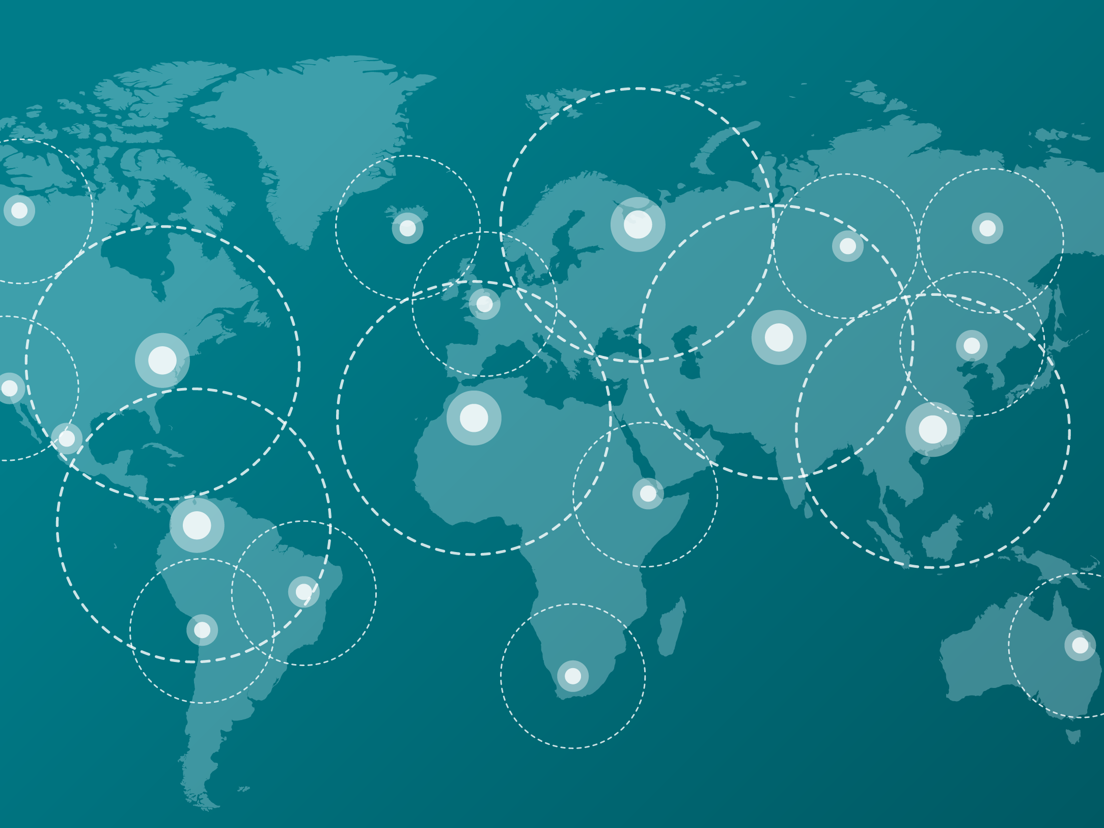 World map graphic with circles representing communication and global collaboration