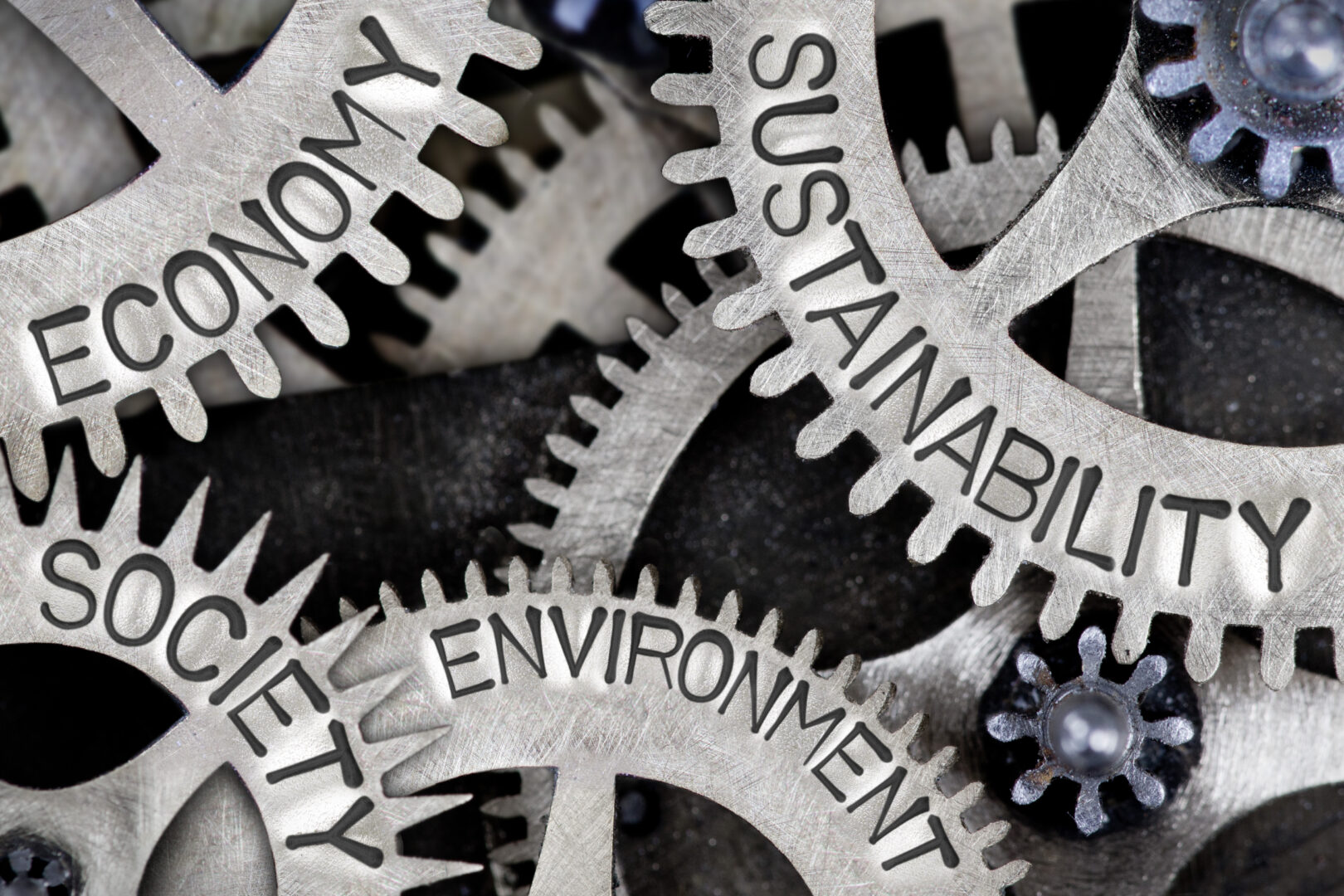 Gears labeled with economy, sustainability, society, environment