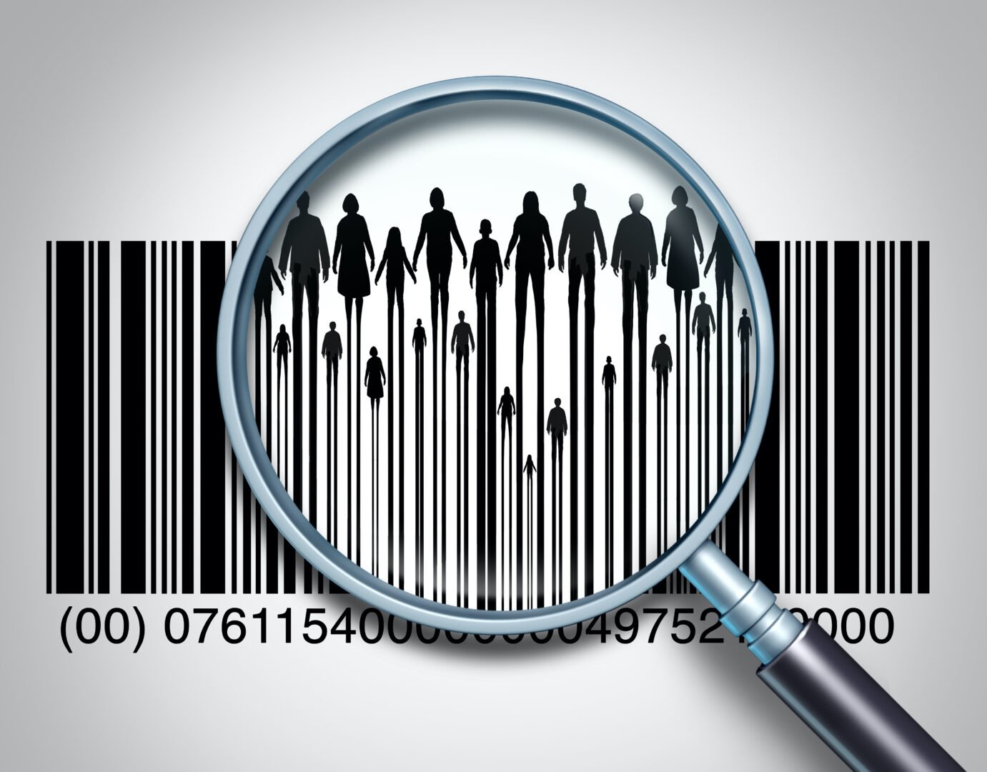 Magnifying glass on barcode showing people silhouettes