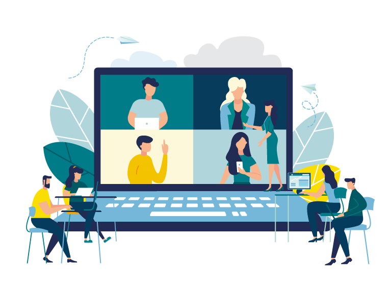 Webinar illustration with figures and laptop