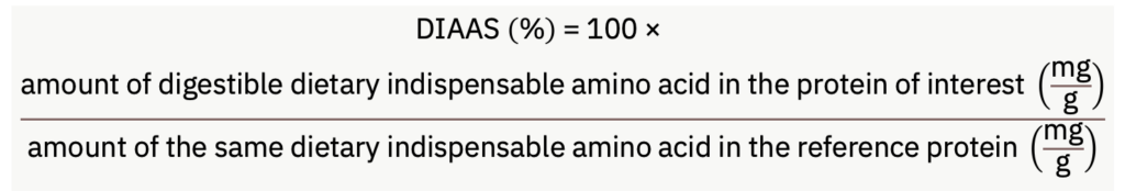 Model equation for calculating the digestible indispensable amino acid score. A protein’s limiting amino acid, which produces the lowest diaas value, is used to calculate the protein’s diaas.