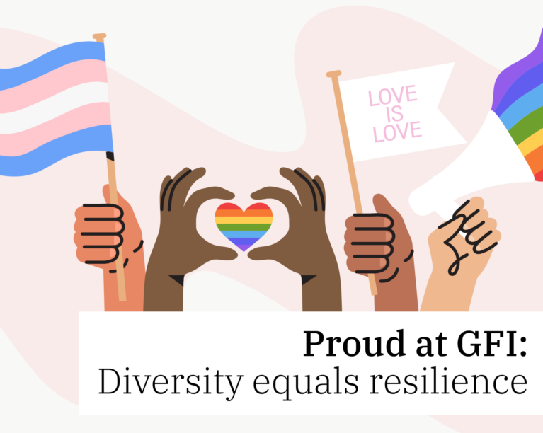 Pride graphic with diverse hands and rainbow flags