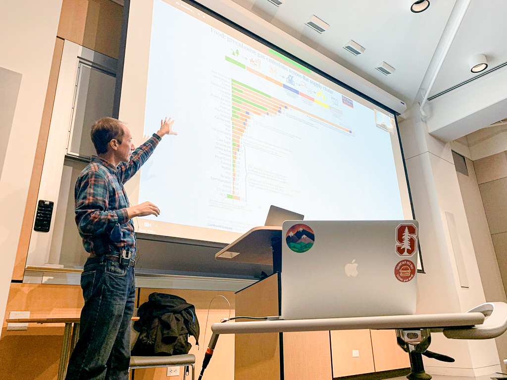 Professor david lobell, stanford reimagining protein course sponsor, presenting on the environmental impacts of different foods