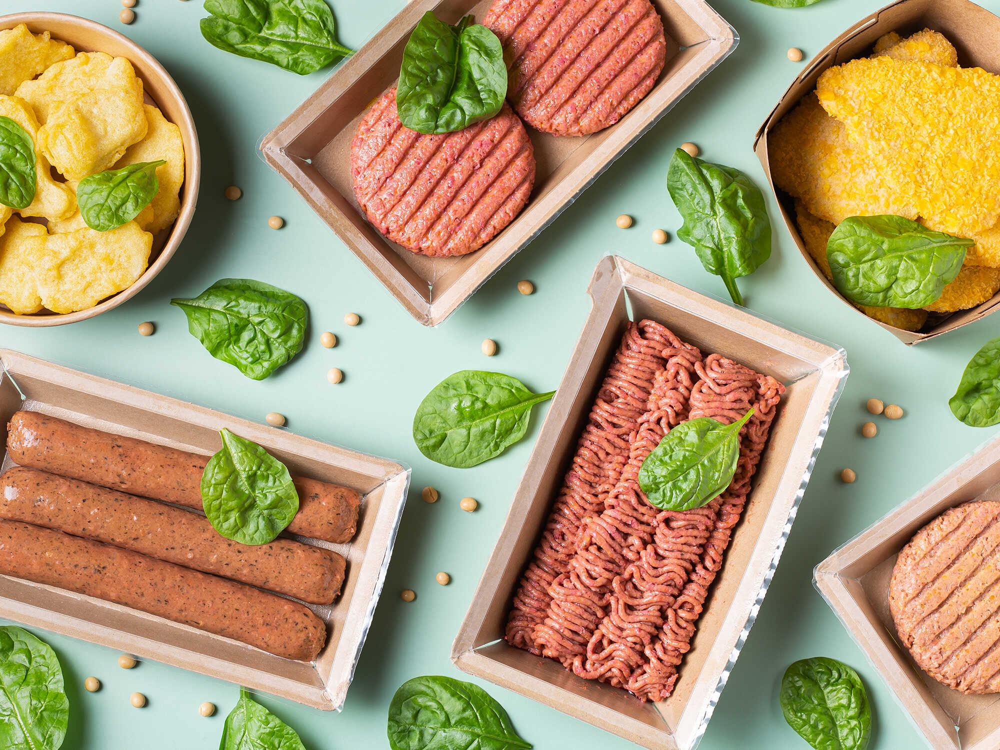 A photo showing a variety of plant based meats