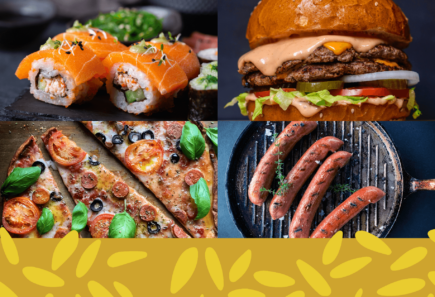 A photo collage of alternative protein sushi, burgers, hot dogs, and pizza