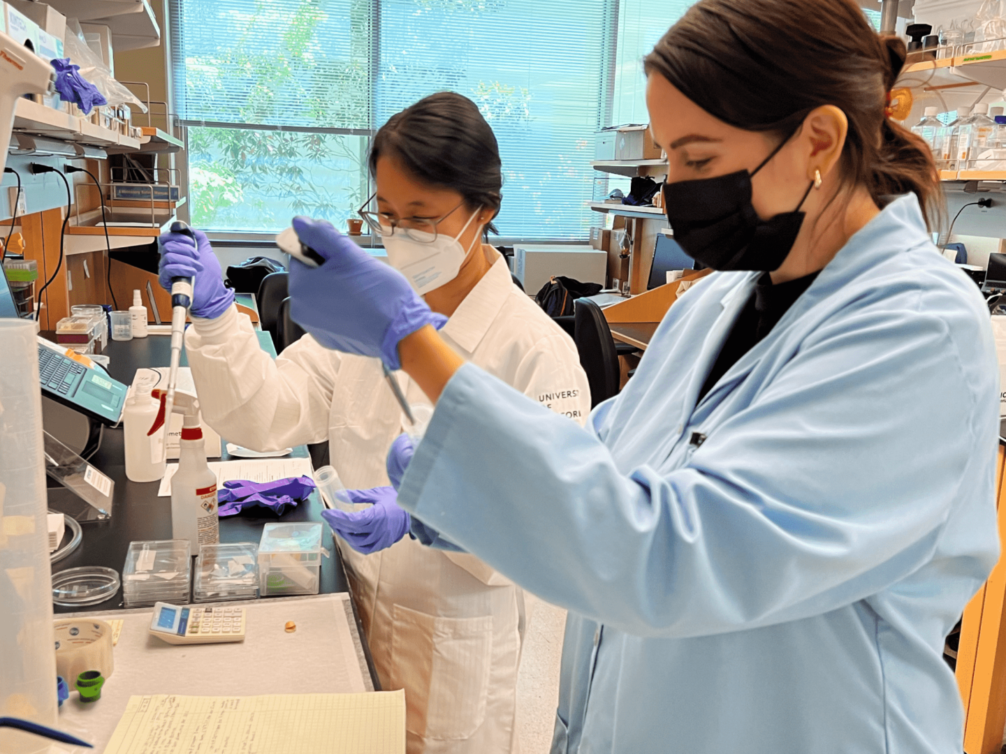 Kathleen chen and stephanie kawecki in dr.  rowat’s lab – when dr.  rowat was awarded a research grant from gfi, only one of her graduate students was interested in cultivated meat: now, more are getting involved and introducing other students to new research opportunities.