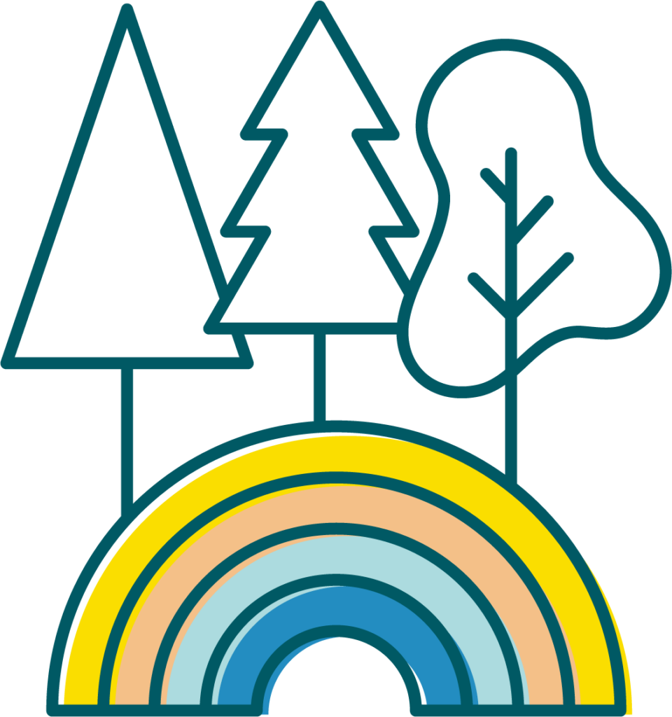 Illustrative icons showing growing trees and a rainbow