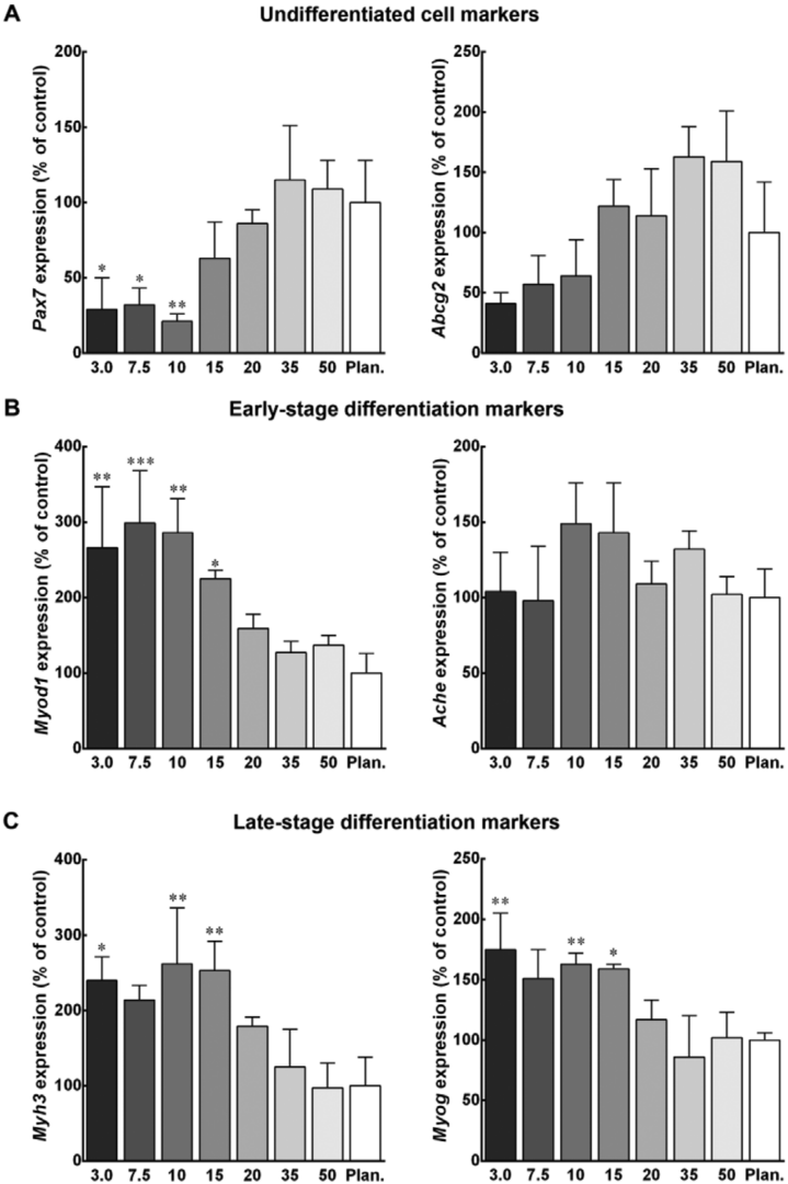 Bar graphs showing the expression of markers of undifferentiated myocytes and of early- and late-stage myogenic differentiation markers in response to different curvature diameters (as shown in the previous figure). Undifferentiated markers are highest on planar substrates and substrates with a wide curvature diameter (~35-50 mm). Early- and late-stage differentiation markers are highest on low-to-medium diameter curved substrates (~ 7. 5-15 mm, with the exact range depending on the marker).