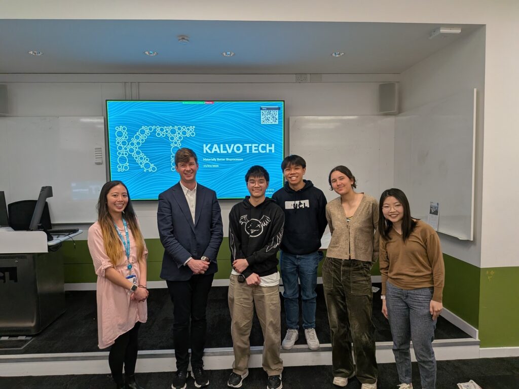 Dr. Risto Martin of KalvoTech posing with five UCL Alt Protein Project members after a speaker event.