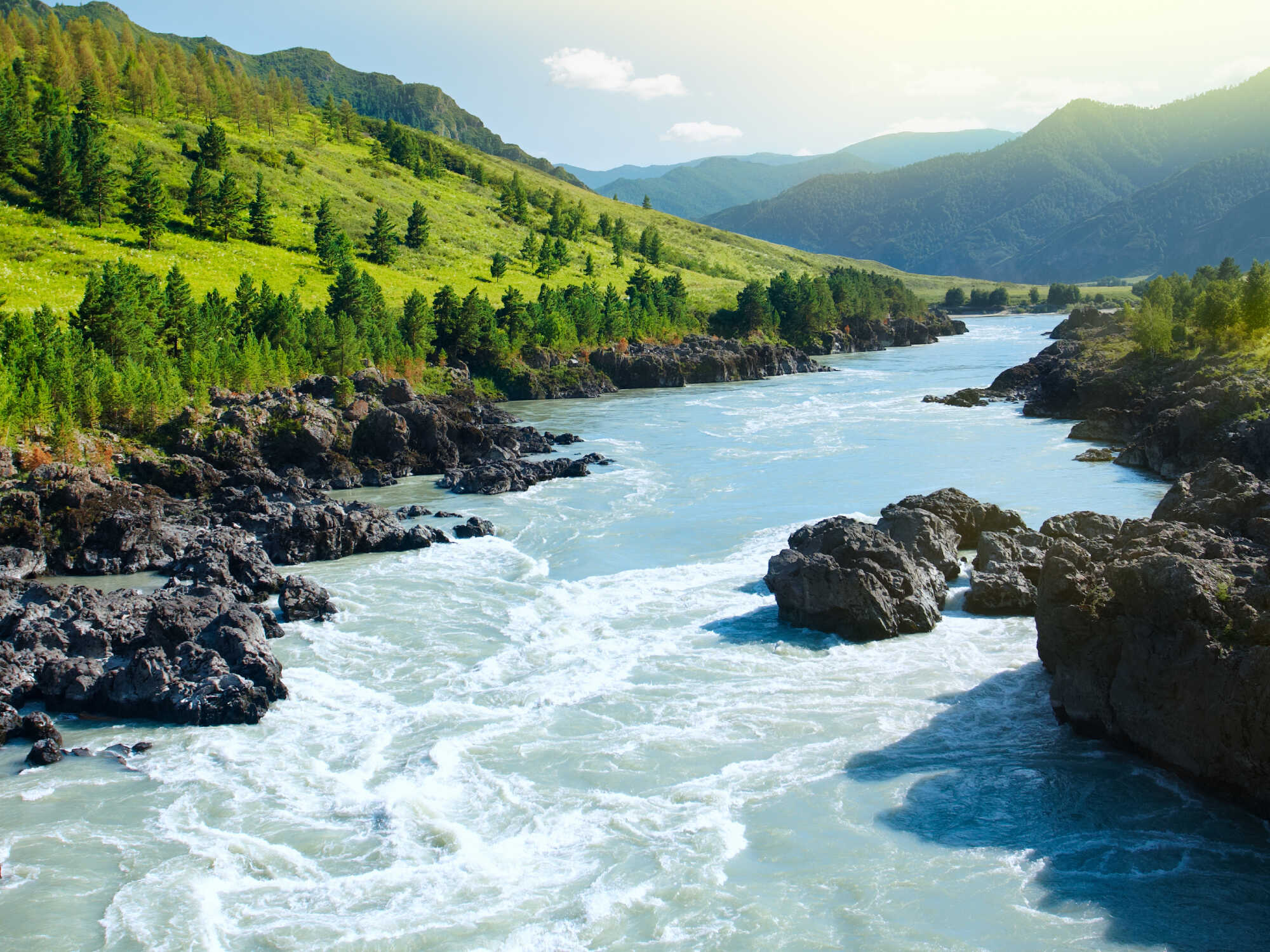 A picturesque view of a river with trees and a mountain in the distance