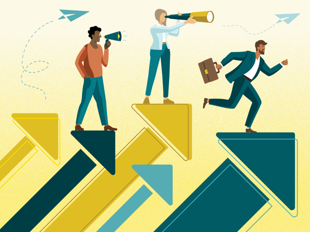 Education and workforce development 10 An illustrative graphic representing career development, including people with a briefcase and megaphone