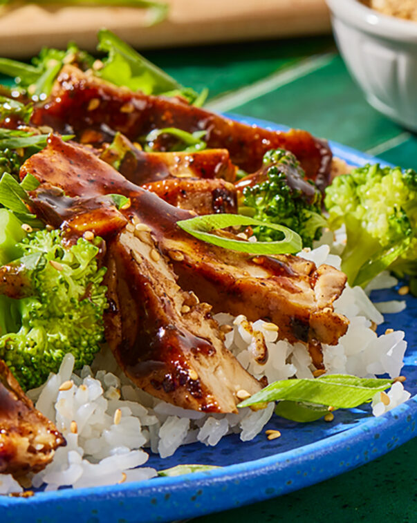 Plant-based chicken with broccoli over rice