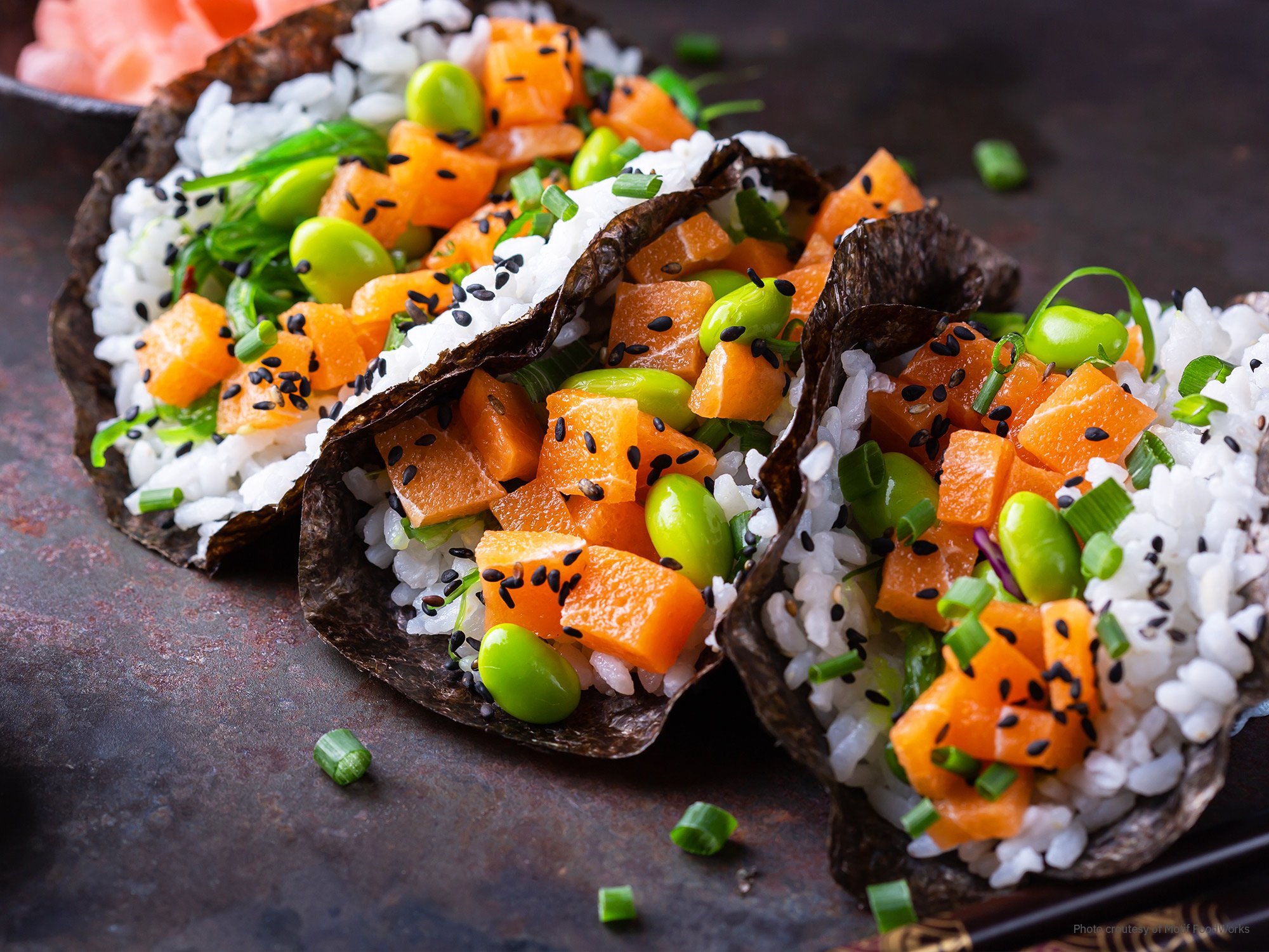 California: sustainable protein innovation 1 Salmon tacos with rice, edamame, and black sesame seeds