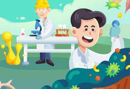 An illustration of two scientists showing the process of alternative protein production, including plant-based, cultivated, and fermentation-enabled methods.