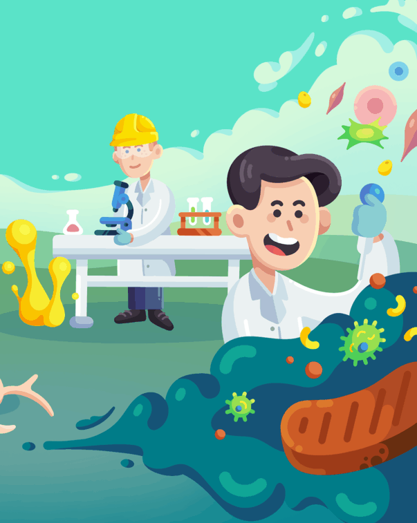 Manufacturing & production 5 An illustration of two scientists showing the process of alternative protein production, including plant-based, cultivated, and fermentation-enabled methods.