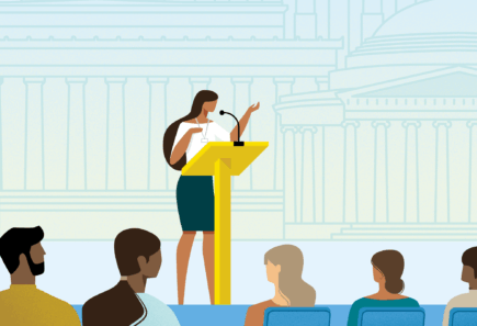 An illustration of a person speaking at a podium