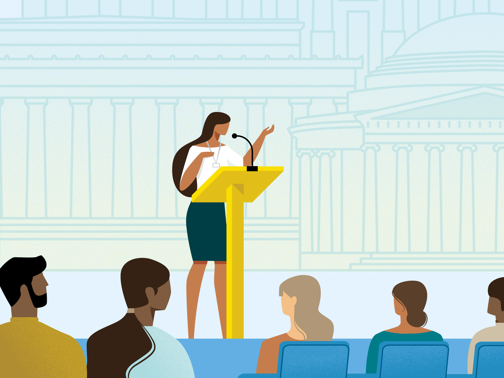 An illustration of a person speaking at a podium