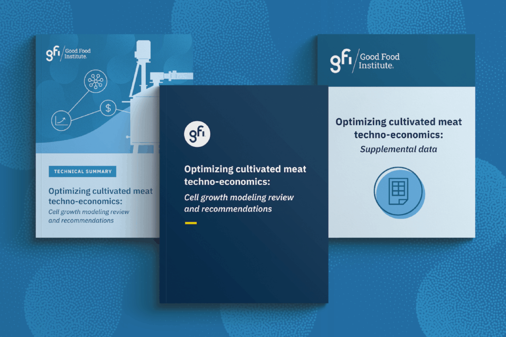 Cell growth modeling review for cultivated meat production 7 Three report covers on a blue background