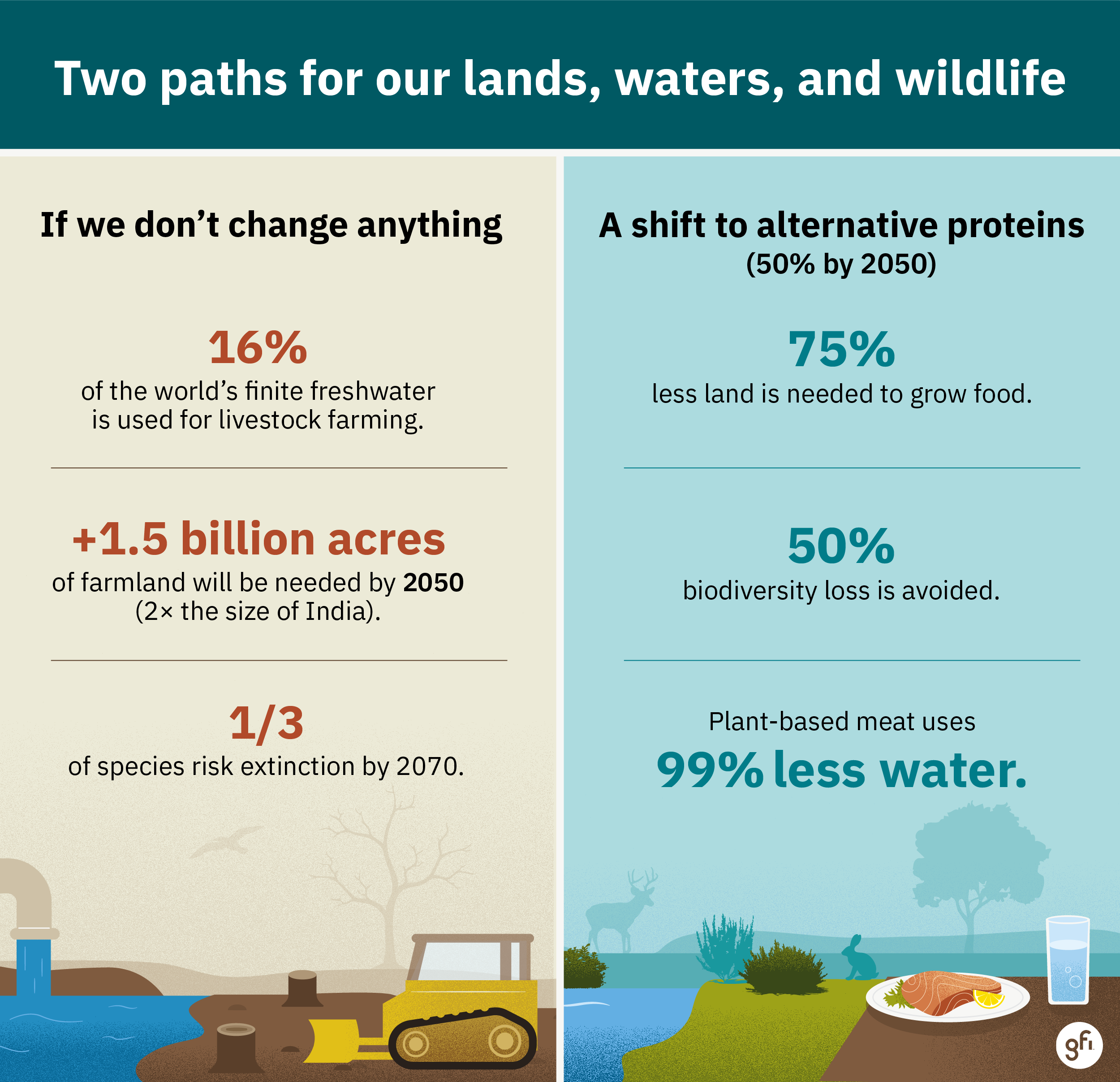 Reimagining protein for a future under pressure 2 An infographic illustrating two paths for our lands, waters, and wildlife. One path explaining what will happen if we don't change anything, and the other, explaining what will happen if we shift to alternative proteins (50% by 2050). If we don't change anything, 1/3 of species risk extinction by 2070. If we switch to ap's, 50% of biodiversity loss is avoided, 75% less land is needed to grow food, and plant-based meat uses 99% less water.