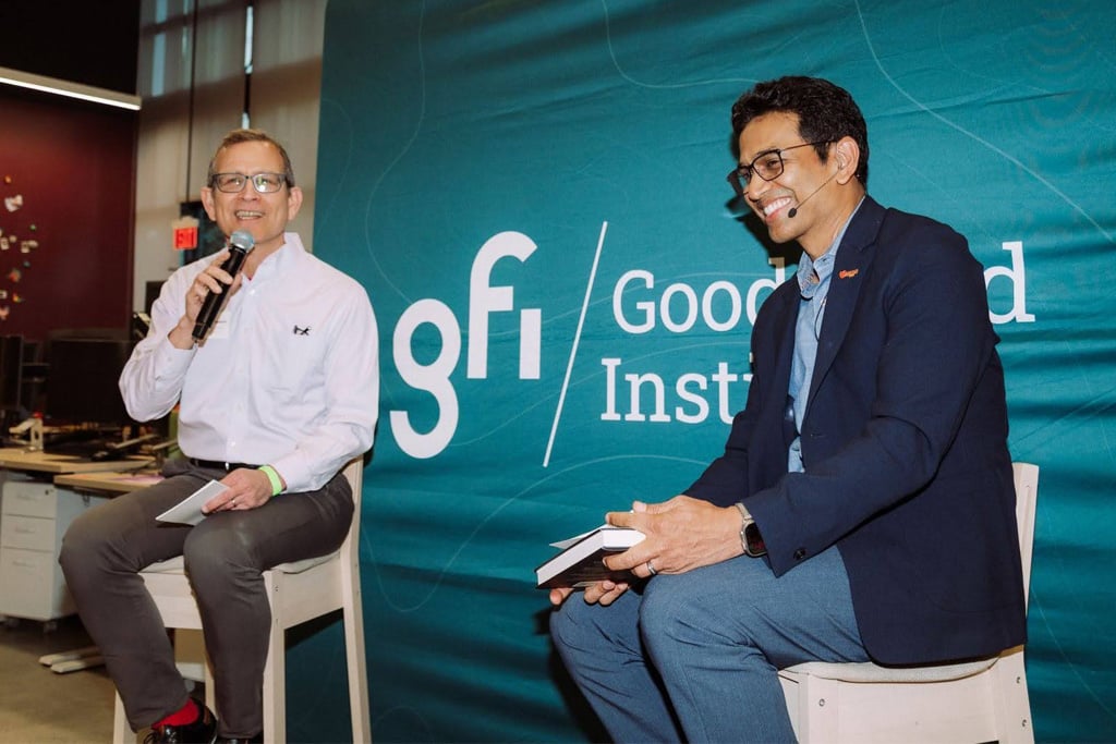 Gfi&rsquo;s founder and president, bruce friedrich, speaks at an event hosted by upside foods to celebrate his book meat.